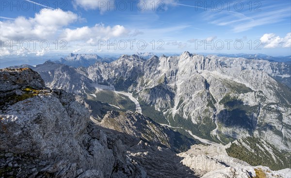 View of Wimbachgries valley and mountain panorama with rocky mountain peak of Hochkalter