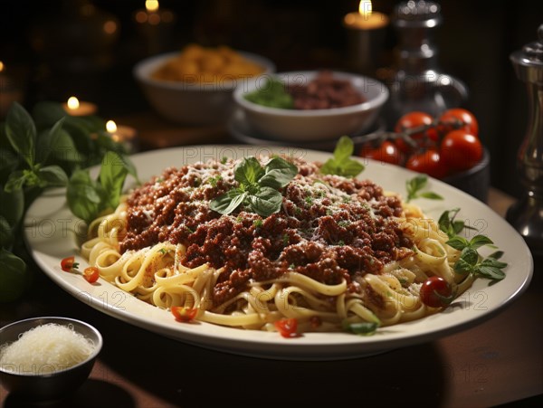 Gemuetliches Ambiente mit einem Teller Pasta und Hackfleischsauce im Kerzenlicht