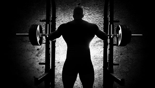 The weightlifter stands with his hands behind the heavy barbell. Back view