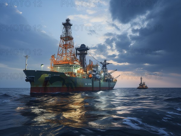 Dramatic dusk sky over an offshore drilling ship in a vast ocean