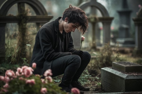 Man sitting sadly at gravestone