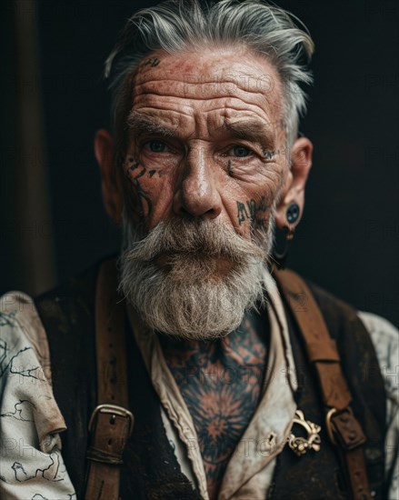 Old man marked by hard labour with tattoos and deep wrinkles on his face