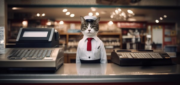 Cat cashier in a store behind the cash register