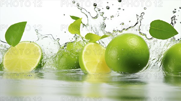 Fresh limes with water splash on white background