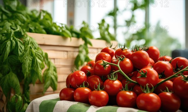 Ripe red tomatoes on a branch in a wooden box on a green background AI generated