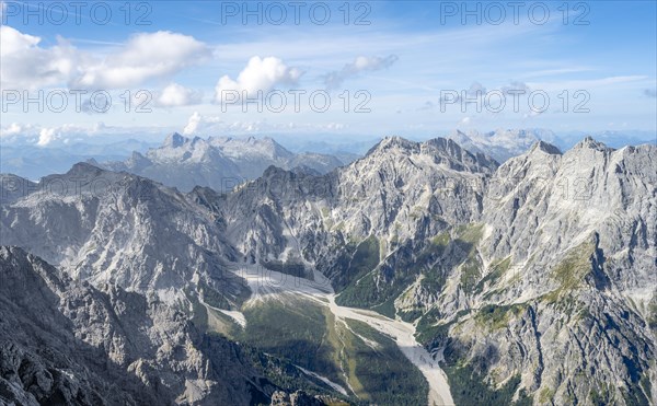 View of Wimbachgries valley and mountain panorama with rocky mountain peak of Hochkalter