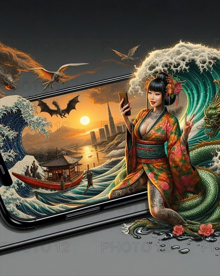 Surreal artwork of a chinese dragon emerging from waves with a tradtional tattooed asian woman