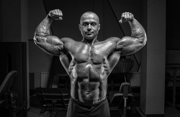 Professional weightlifter posing in the gym. Classic bodybuilding.