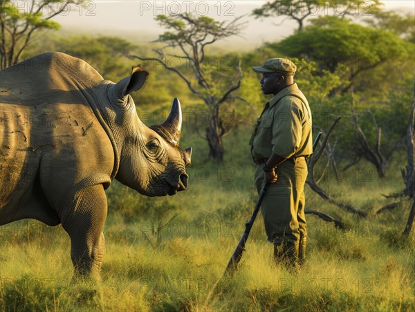 Morning scene of a ranger with a rifle observing a rhinoceros in a grassy field