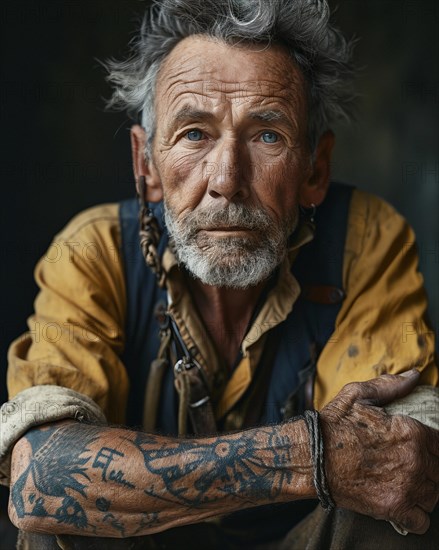 Old man marked by hard labour with tattoos and deep wrinkles on his face