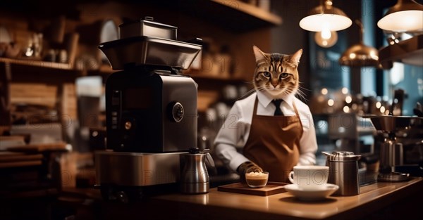 Cat barista in a coffee shop in a barista uniform