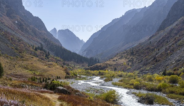 Mountain stream Ala Archa flows through the Ala Archa valley