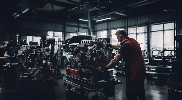 Car engine repair in a car repair shop by an auto mechanic