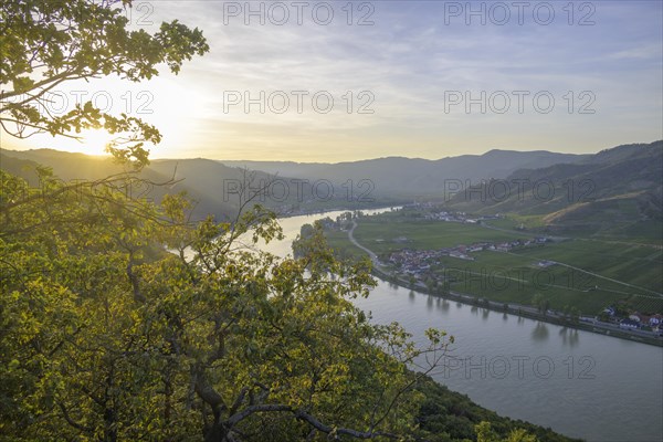 View over the Danube to Duernstein at sunset