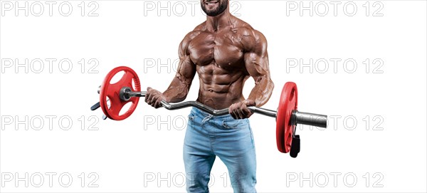 No name sexy muscular man in jeans posing on white background with a barbell. Bodybuilding and fitness concept.