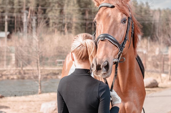 Beautiful stylish woman walking with a horse in a country club. Equestrian sport