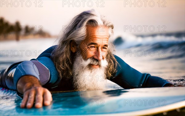 Elderly man on a surfboard in the sea