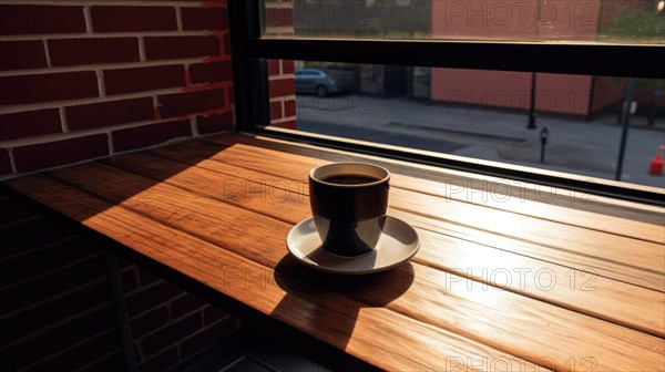 Cup of coffee on a wooden table in front of a window AI generated