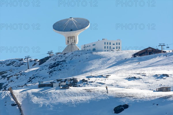 Satellite dish radar antenna station in field. parabolic antennas. Big parabolic antenna against sky. Satellite dish at earth station with a sky