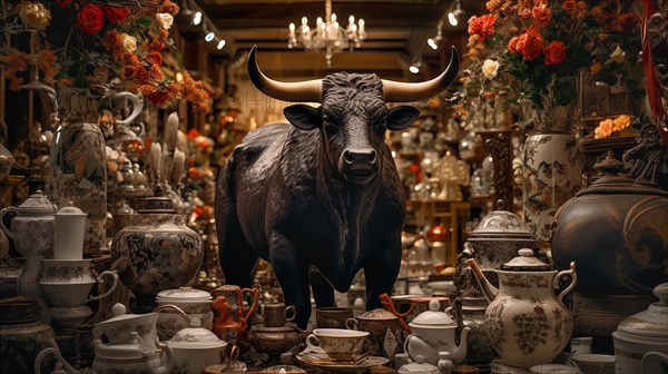 Very large bull with horns in a China shop filled with glassware. generative AI