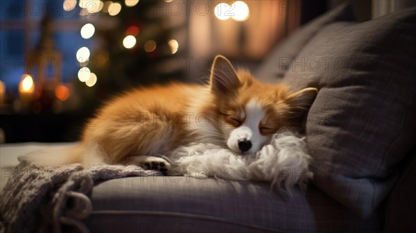 Cute little fox sleeping on sofa in room with Christmas tree and lights AI generated