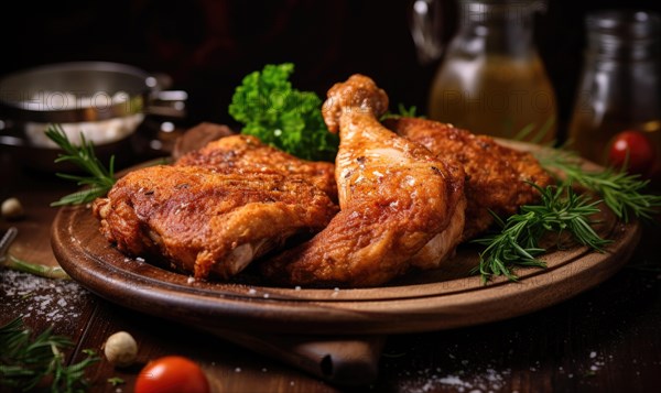 Fried chicken legs with spices and herbs on a wooden board AI generated