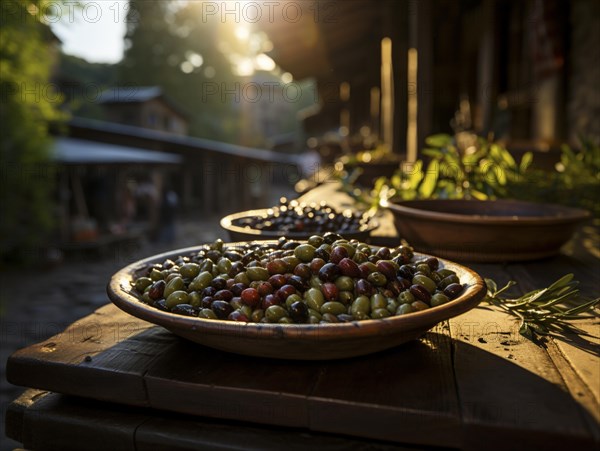 Oliven auf einem Teller im warmen Abendlicht auf einem Holztisch