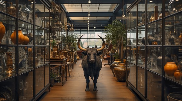 Very large bull with horns in a China shop filled with glassware. generative AI