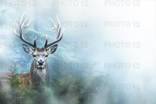 Deer with big antlers in foggy forest
