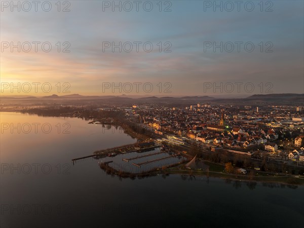 Aerial view of the town of Radolfzell on Lake Constance illuminated by the evening sun