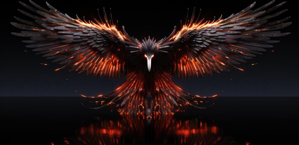 Fantasy bird figure. Burning phoenix on dark background. Fantasy background concept. Flame wings AI generated