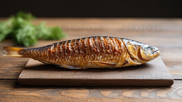 Grilled carp with lemon and rosemary on a wooden board AI generated