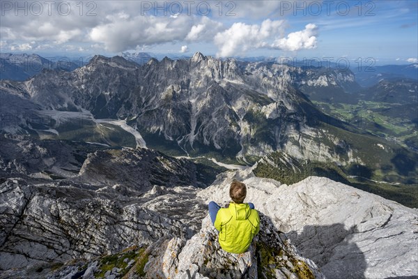 View of Wimbachgries valley and mountain panorama with rocky mountain peak of Hochkalter