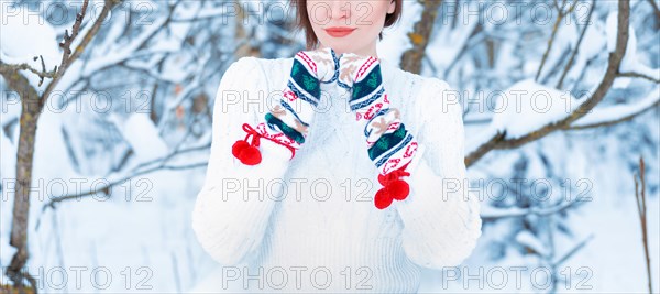 No name portrait of a girl against the background of a winter frosty morning. Winter vacation