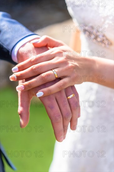 Details of the hands of the bride and groom with rings in a beautiful wedding