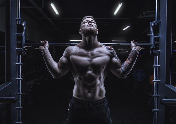 Portrait of an athlete with a barbell on the shoulders of the gym. Bodybuilding and fitness concept.