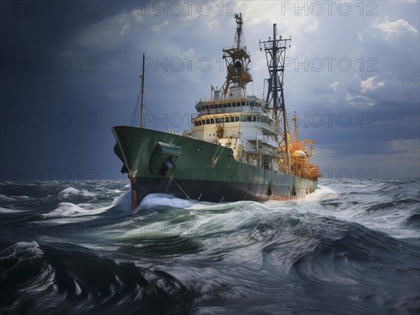 Stormy atmosphere as an offshore drilling ship battles through heavy ocean waves