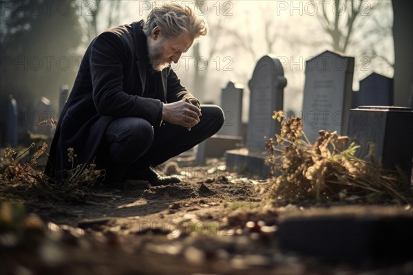 Man sitting sadly at gravestone