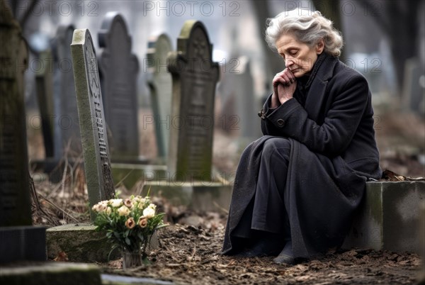 Woman sitting sadly at gravestone