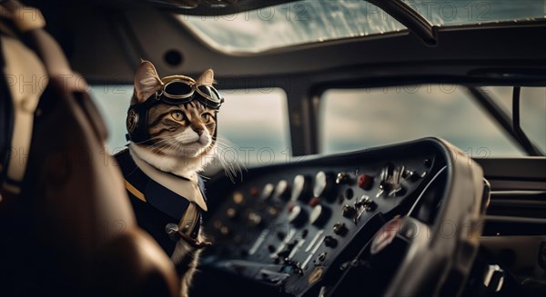 Cat pilot in an airplane pilot uniform on an airplane