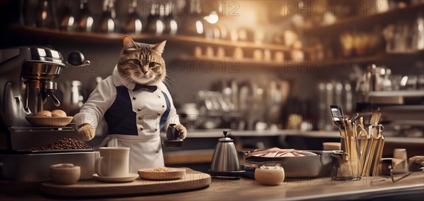 Cat barista in a coffee shop in a barista uniform