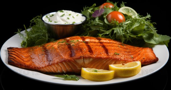 Grilled salmon with arugula salad and tartar sauce on black background AI generated