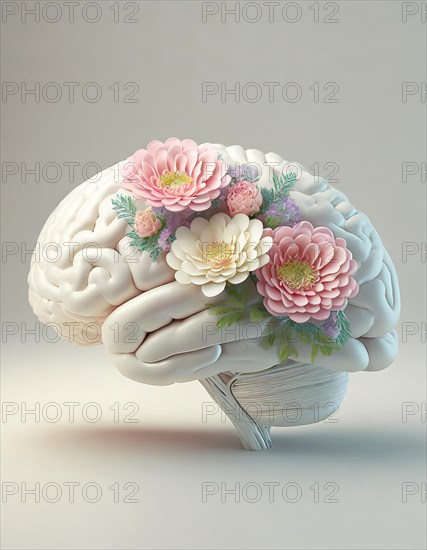 Blooming mind conceptual background. Human brain with flowers growing on it. Creative intellect surreal concept. AI generated art