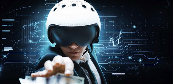 Portrait of a businessman in a suit and aviator helmet. He is trying to reach a pack of hundred-dollar bills. Business concept.
