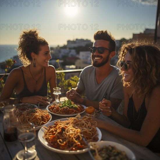 Laechelnde Freunde teilen ein sommerliches Essen mit Pasta auf einer Terrasse mit Meerblick
