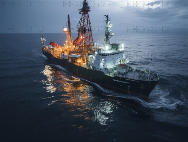 Twilight scene with an offshore drilling ship cruising through the ocean