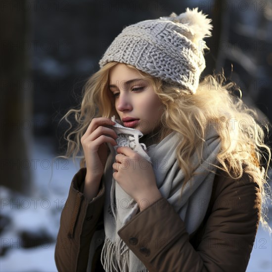 Blonde woman sneezing into a tissue