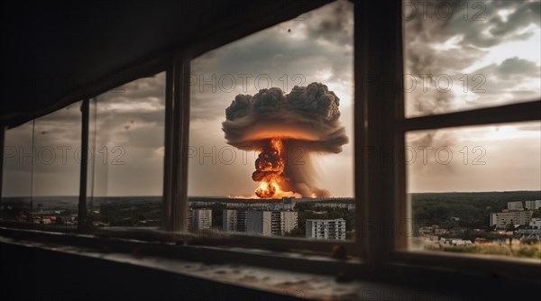 Nuclear explosion in the city view from the window