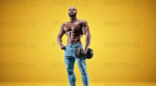 Isolated professional sportsman on a yellow background. Bodybuilding concept. Panorama. Advertising of a gym and sports nutrition.