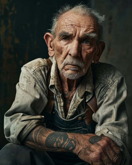 Old man marked by hard labour with tattoos and deep wrinkles on his face